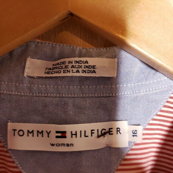 Tommy Hilfiger Womens Red White Stripe 3/4 Sleeve Button Down Eyelet Detail 16 - Picture 5 of 6